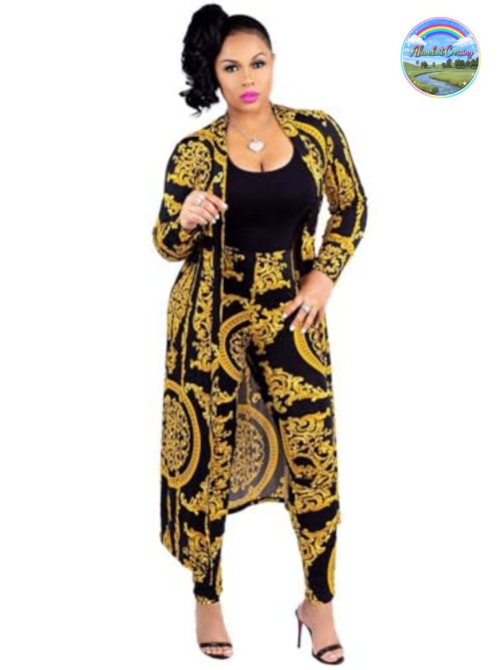 Women's 2 Piece Floral Open Front Cardigan and Skinny Pants Set Long Sleeve